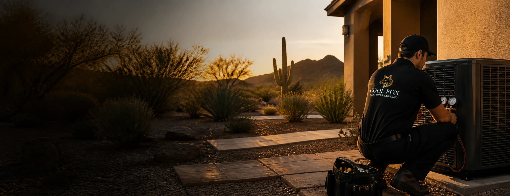 Cool Fox HVAC technician servicing an outdoor air conditioner at an Arizona home